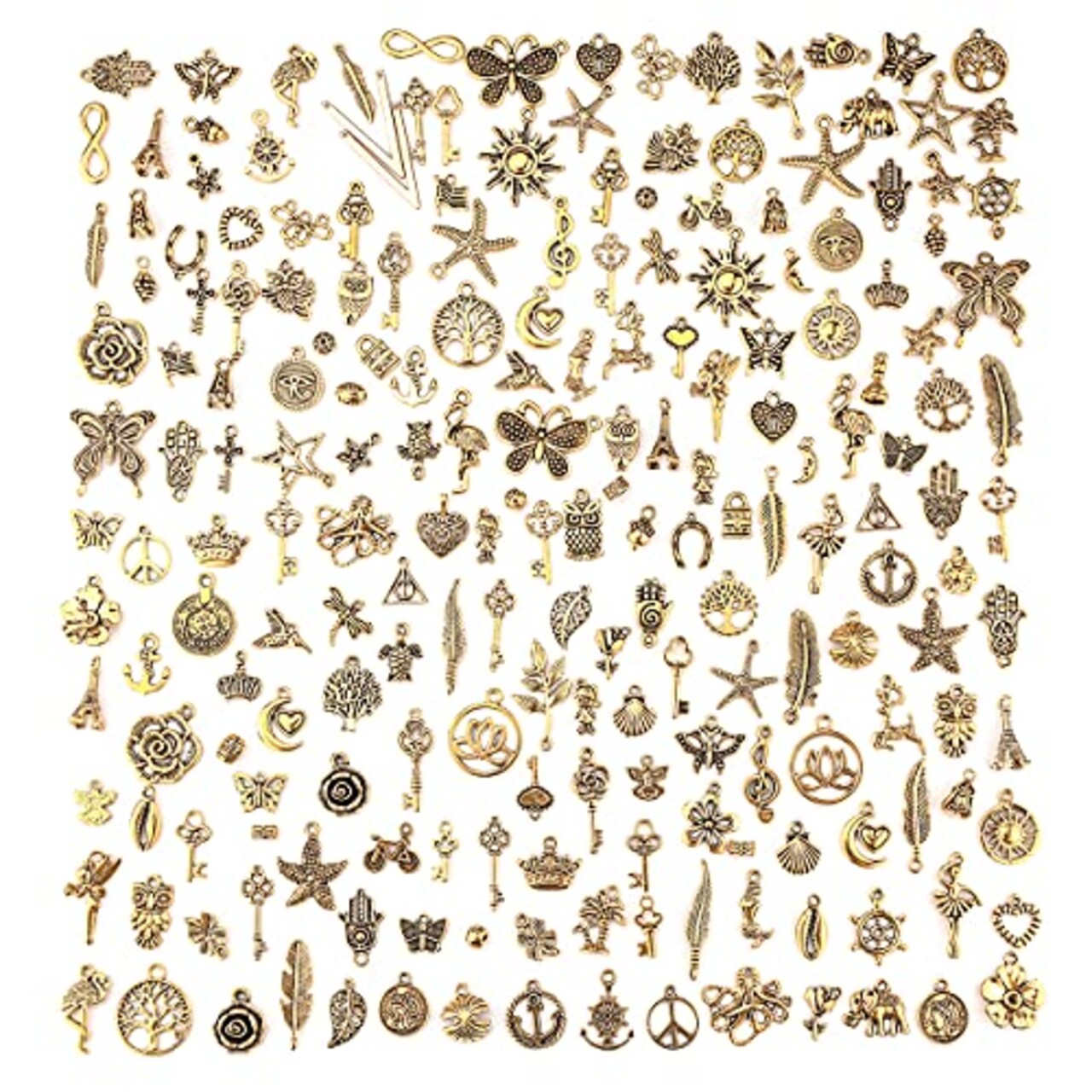 JIALEEY 200Pcs Tibetan Antique Gold Charm Mixed Pendants DIY for Bracelet  Necklace Jewelry Making and Crafting